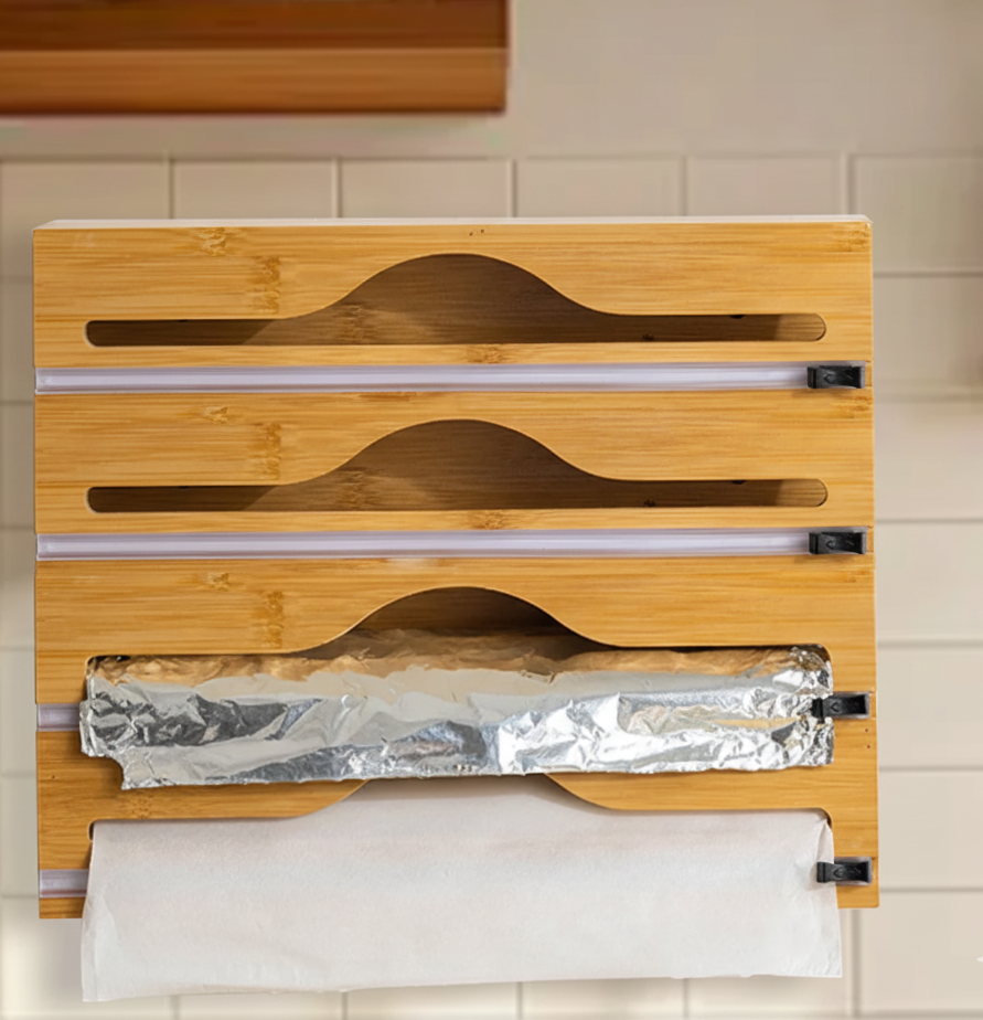 Bamikoo™ Bamboo Wrap Dispenser – Foil, Cling Film & Bag Cutter in One