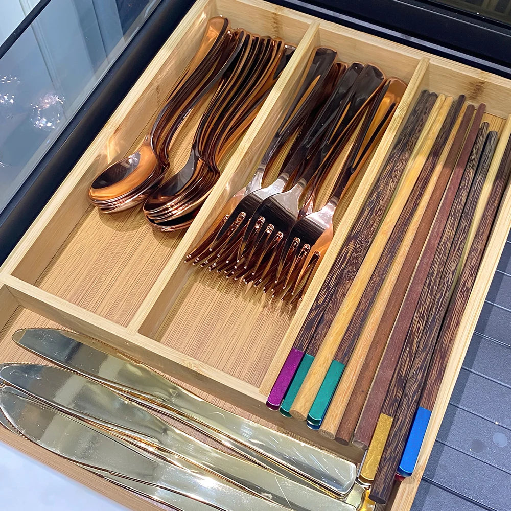Bamikoo™ Bamboo Cutlery Organizer Tray – Adjustable & Eco-Friendly