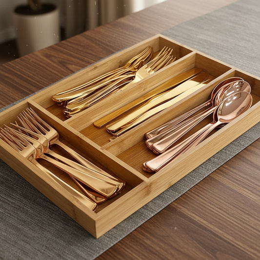 Bamikoo™ Bamboo Cutlery Organizer Tray – Adjustable & Eco-Friendly